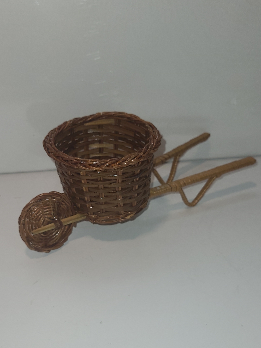 Handwoven Brown Mini Wheelbarrow Basket 19cm,7cm Diameter.